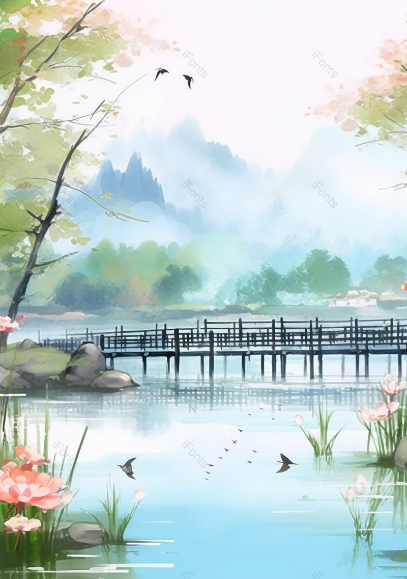 水彩画夏日荷花景色手绘背景图,插画/手绘图,插画/手绘图库,插画/手绘图下载,插画/手绘
